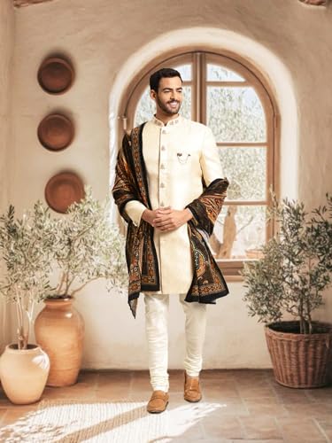 Image of Kisah Men's Silk Blend Textured Sherwani Set Regular Fit | Wedding, Festive & Occasion Wear