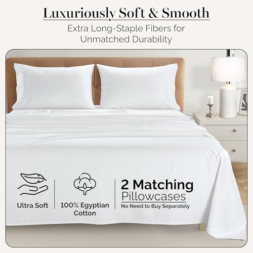 Casa Platino 100% Egyptian Cotton Sheets Twin Size Set - 4 Pcs (1 Flat, 1 Fitted, 2 Pillowcases)- Ultra Smooth Sateen Weave Bed Sheets with 15" Deep Pockets - Pure White Sheet Set