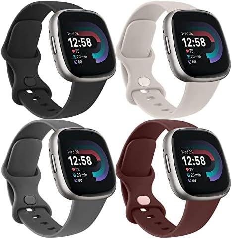 4 PACK Bands For Fitbit Versa 4/ Versa 3/Sense 2/Sense Band Women Men, Classic Soft Silicone Straps for Fitbit Versa 4 / Versa 3 Smart Watch