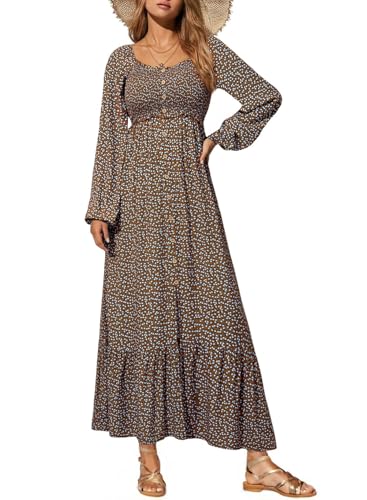 Dokotoo Spring Dresses for Women 2026 Elegant Classy Summer Boho Floral Square Neck Smocked Long Sleeve Button Empire Waist Summer Casual A Line Swing Resort Wear Long Maxi Dress Sundress Large Brown