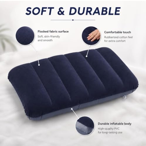 Image of Rubberized Cotton Small Squared Travel Flocked Fabric Air Pillow, Compact, Comfortable and Inflatable, Used for Neck & Lumbar Support, Camping and Hiking, Blue Color, (Pack of 1)