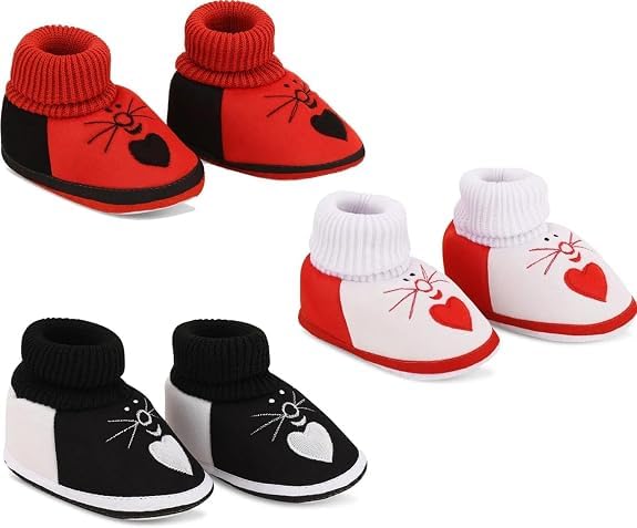 Baby Booties with Knit Cuff, Cat Face Embroidery, Heart Design, Pack of 3, Red, Black & White-image-31