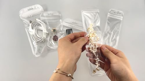 PABCK 100 Pieces Self Sealing Bag with Hang Hole Resealable Zip Storage Lock Clear Plastic Hanging Bags for Packaging Jewelry Decorative Gift 2.16x8.66 inch (usable size 1.77x7.28 inch)