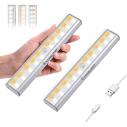 VYANLIGHT Motion Activated LED Lights - 20 LEDs, 3-Color Mode, Rechargeable Battery, Stick-On Magnetic Night Light Bar for Closet, Hallway, Stairway - Dimmable Wireless Lights, 2 Pack Cover