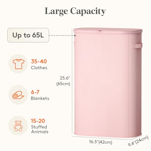 Image of Lifewit Slim Laundry Basket with Lid, Narrow Large Laundry Hamper with Plastic Handles and Removable Bag, Tall Foldable Dirty Clothes Hampers for Laundry Room, Bedroom, Bathroom, Dorm, 65L Pink