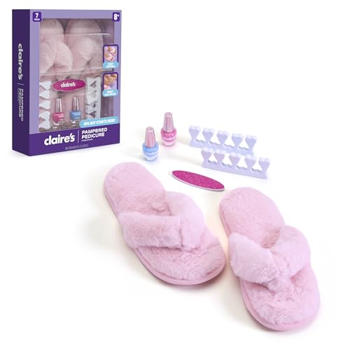 Claire's Kids Pedicure Kit, 7-Piece Home Spa Set with Fuzzy Slippers, Nail Polish, Toe Separators & Nail File, Kids Pedicure Tools for Feet, Girl Toys & Beauty Activity, Gift for Girls Age 8+