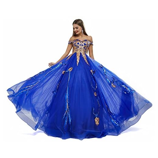 Datangep Women's Off Shoulder Royal Blue Sequins Tulle Ball Gown Long Quinceanera Dress Prom Dress US6