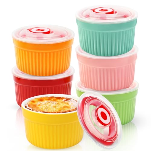 WPPQWP Lot de 6 ramequins en céramique pour crème brûlée, Ø9cm 220ml, moules à soufflé avec couvercle, résistants au four, ramequins pour pudding,...