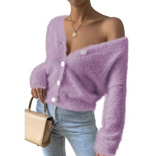 Pink Queen Women's Furry Cropped Cardigan Batwing Sleeves Open Front V-Neck Button Down Loose Casual Knit Sweater Coat Large Wisteria