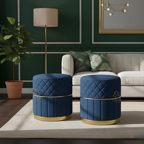Image of ENIQE STORE Set of 2 Round Velvet Ottoman Footstool Gold Base - Tufted Upholstered Pouffe Stool for Living Room, Bedroom & Dressing Area (Blue-2)