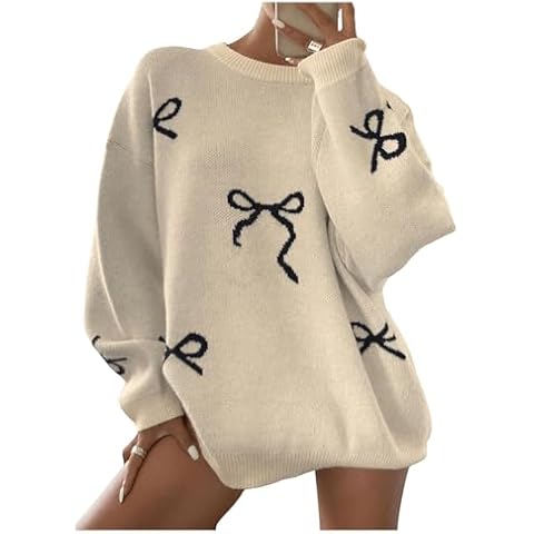 SOLY HUX Oversized Sweaters for Women Y2k Bow Print Crew Neck Drop Shoulder Long Sleeve Knit Pullover Tops Apricot Bow Small Cover
