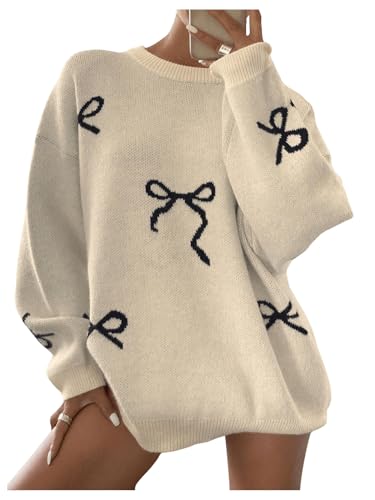 SOLY HUX Oversized Sweaters for Women Y2k Bow Print Crew Neck Drop Shoulder Long Sleeve Knit Pullover Tops