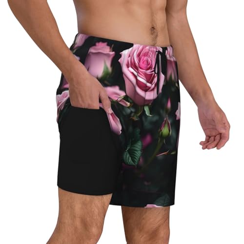 Red Rose Print Built-in Compression Lining Men's Double Swim Trunks Shorts Beach Shorts with Two Pockets3