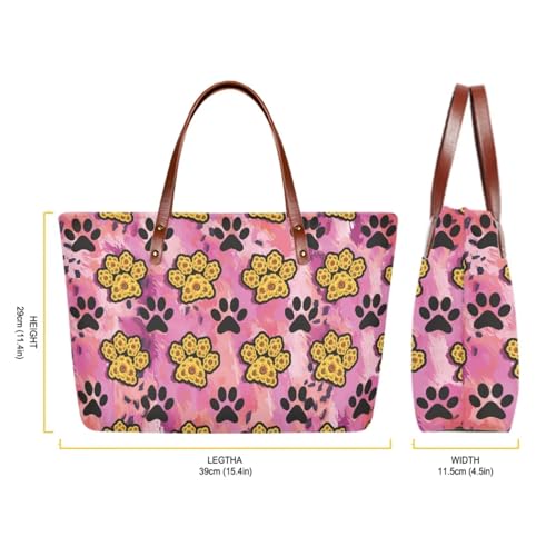 Image of Cartoon Paws Large Top Handle Tote Purse for Women, Shoulder Satchel with PU Zipper Make Up Purse Wallet, Lightweight Hobo Bag, Pink