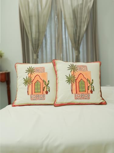 Image of Marudhyan Hand Block Printed Cushion Cover Set | Cushions Cover for Home & Office | 100% Cotton Fabric | Size - 16 x 16 Inches | Pack of 2 Cushion Covers | Color - White