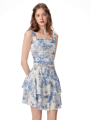 CIDER Womens Toile Print Tiered Ruffle Skirt Set Sleeveless2