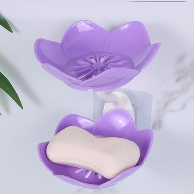 Glitzn Premium Plastic Wall Mounted Soap Dish | Beautiful Purple Flower Design | Soap Saver Multicolour 1
