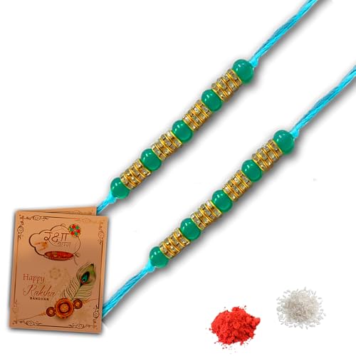 Image of Rakhi For Brother | Elegant Kundan Gold Plated Metal Rakhis For Brother Bhai Rakhi With Roli Chawal and Greeting Card (Set of 2 Rakhis)