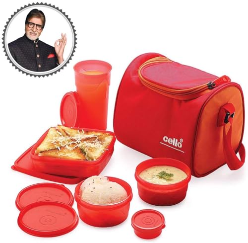 Image of CELLO MF Plastic Sling Lunch Box | Leather Carry Pouch | Office | School | Set of 5 Containers, Orange, 250 Milliliter