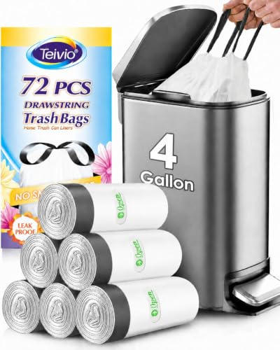 Image of Teivio 4 Gallon Small Drawstring Trash Bags, 72 Count White Garbage Bags, Small Plastic Bin Liners fit 3.3,3.5-4 Gal Waste Bin for Bathroom, Kitchen, Bedroom, Office, Pet Litter, Household Daily Use