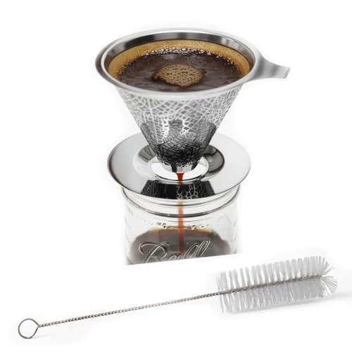 Reusable Stainless Steel Pour Over Drip Coffee Filter for Mason Jars Fits Wide Mouth & Regular Jars Manual Brew Coffee Dripper No Paper Filters Needed Rustproof Dishwasher Safe
