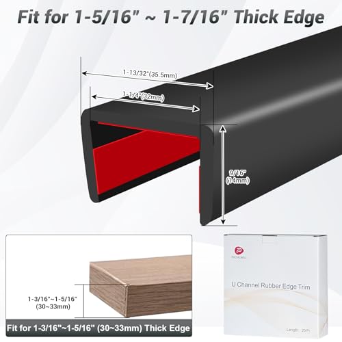 Image of Rubber Edge Trim, 1-1 /4 inch (32mm) Wide U Channel Edge Trim, Big Size U Shaped Trim, Self Adhesive Edge Banding for Plywood, Woods, Doors, Shelf, Cabinet, Countertop, Length 20Ft, Black