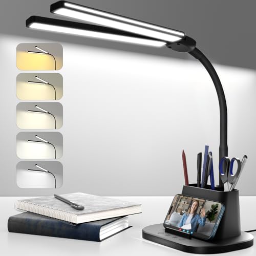 LED Desk Lamp, Eye-Caring Desk Light with Organized Base, 5 Color Modes & 5 Level Brightness, Adjustable Flexible Gooseneck Touch Lamp, Small Desk Lamp for Home Office, College Dorm Room Essentials