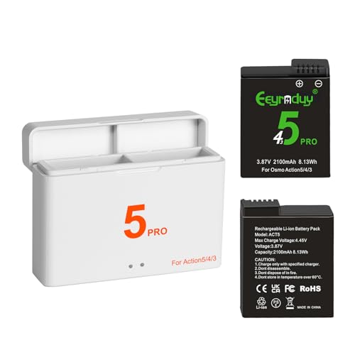 Eeyrnduy Osmo Action 5 Pro/4/3 Battery Charger Kit 2-Pack 2100mAh Batteryand 2-Channel Fast Charger Hub (Action 5)