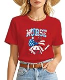 4th for July Nurse Shirt Women-Bow American Flag Nurse Short Sleeve Patriotic Nurse Top Bow Red White and Blue Shirts
