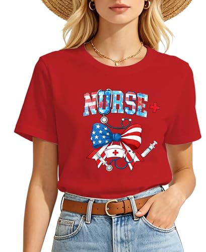 4th for July Nurse Shirt Women-Bow American Flag Nurse Short Sleeve Patriotic Nurse Top Bow Red White and Blue Shirts