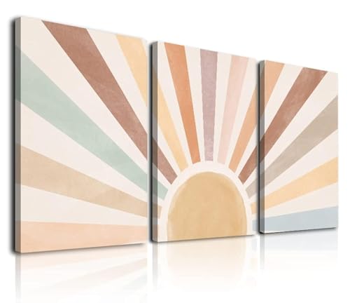 Boho Sun Wall Art Set of 3, Framed Canvas Wall