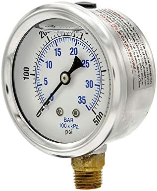 PIC Gauges PRO-201L-254J 0-500 PSI Pressure Gauge, 2 1/2" Dial, 1/4" Male NPT Connection, Bottom Mount, Dual Scale, Glycerin Filled, Stainless Steel Case/Bezel, Brass Internals & Plastic Lens