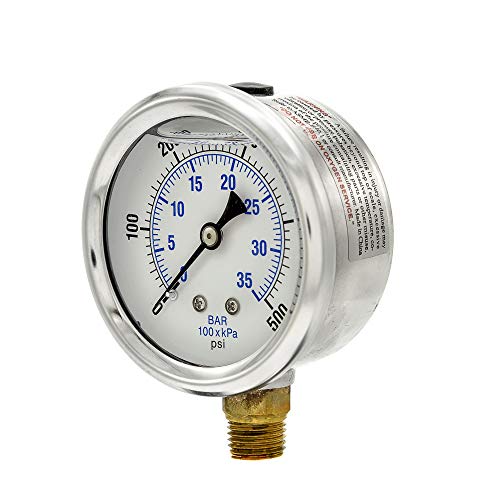 Pic Gauges Pro-201L-254J 0-500 Psi Pressure Gauge, 2 1/2" Dial, 1/4" Male Npt Connection, Bottom Mount, Dual Scale, Glycerin Filled, Stainless Steel Case/Bezel, Brass Internals & Plastic Lens #TOP2