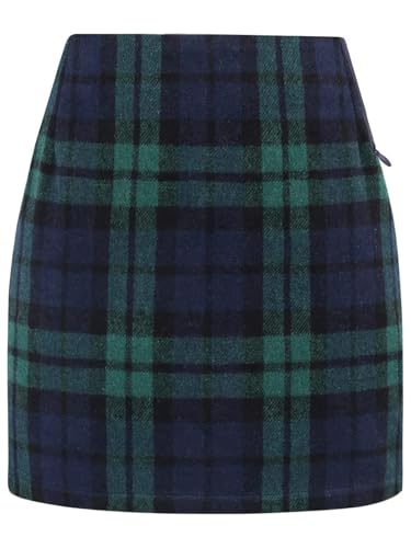 WIFFGO Damen-Rock mit hoher Taille, kariert, für Herbst und Winter, Mini-Wolle, figurbetont, Bleistifte, A-Linie, Grün , Groß