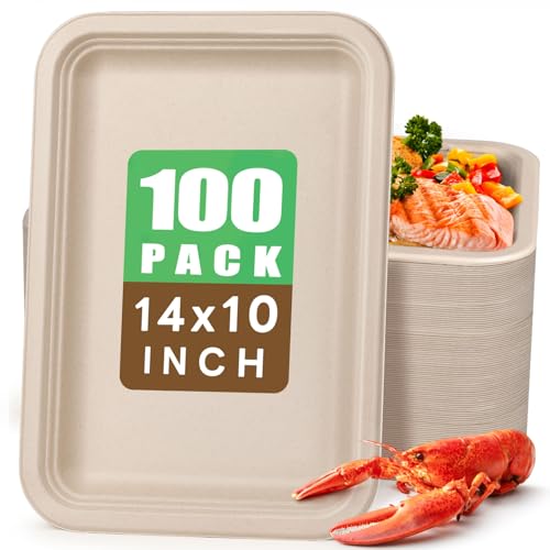 Gezond 100 Pack 14 Inch Disposable Food Trays Eco-Friendly Heavy-Duty Large Paper Plates Compostable Sugarcane Platters for Crawfish BBQ Seafood Boil Party Supplies Natural