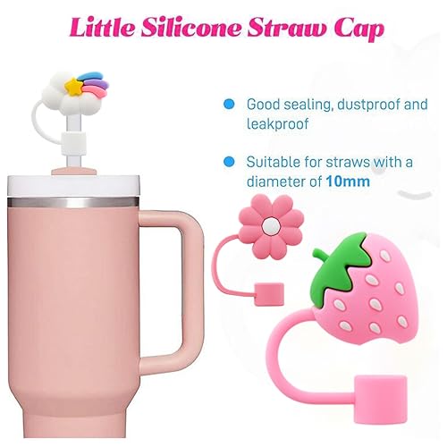 Image of Flower Straw Cover Cap for Stanley Cup Silicone Straw Topper Compatible with 30 and 40 Oz Tumbler with Handle,Straw Tip Covers 10 mm 0.4 in for Straw Tip Covers (6pcs Rainbow Flower Strawberry)