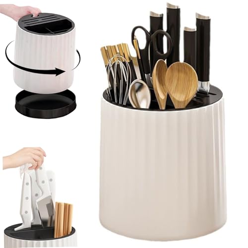 Rotating Utensil Holder 360° Rotation Kitchen Countertop Knife Holder Rust/Corrosion-Resistant Stable Round Knife Rack with Drain Holes for Ceramic Knives, Steak Knives (Knife Not Included) , Knife