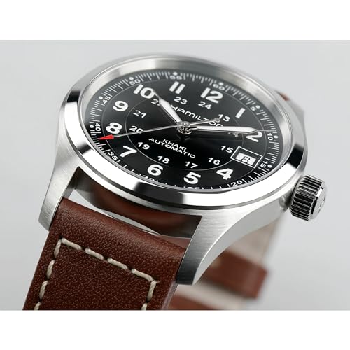 Image of Hamilton Khaki Field Automatic Men's Watch, 38mm Stainless Steel Case, Swiss Made, Black Dial Analog Wrist Watch for Men, 100m Waterproof, Sapphire Crystal, 3-Hand Movement, Cow Leather Strap
