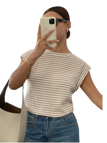 Jawdrobe Women’s Striped Western Top | Round Neck Cap Sleeve T-Shirt (Stripes-top-Brown-XL)