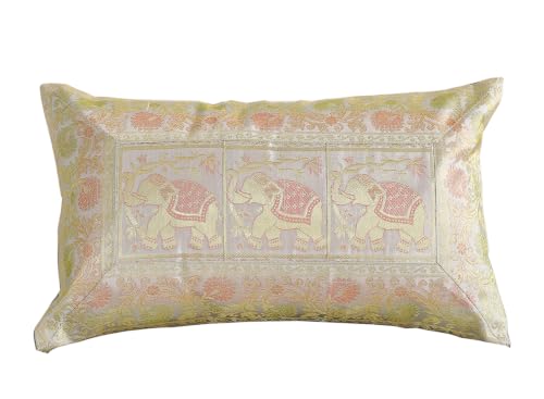 Image of Ravaiyaa - Attitude is everything Banarasi Brocade Silk Pillow Cover Elephant Design Cushion Pillow Sham Case Home Decorative Set of 2 Piece 12 inch X 20 inch Inch