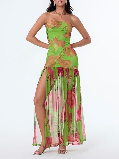 Image of Women Tube Top Dress Backless Strapless Mesh Leopard Print Side Slit Cocktail Bodycon Long Dress Party Club Dress