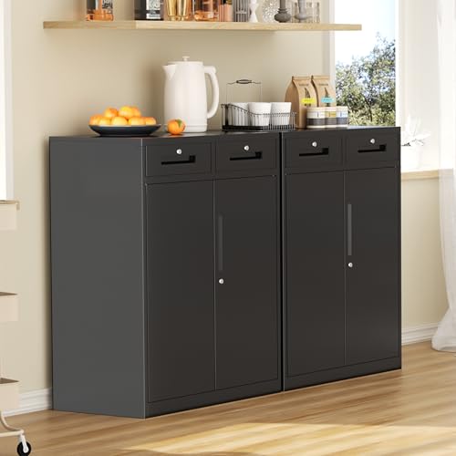 Image of INTERGREAT Metal Garage Storage Cabinets with Lock,Steel Storage Cabinet with Drawer and 2 Adjustable Shelves, Small Lockable Office Steel Cabinet for Home, Warehouse, School, Black