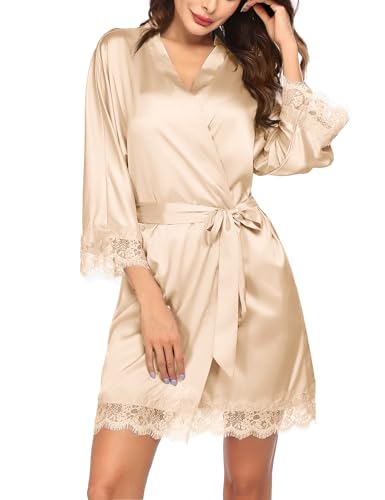 Image of Ekouaer Womens Silk Robes Short Lace Trim Satin Bride Bathrobe with Pockets