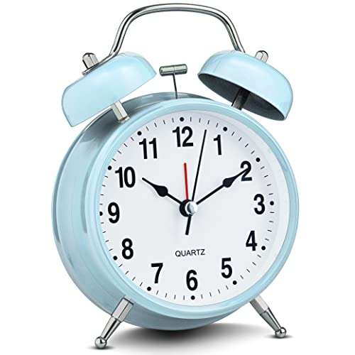 Image of Bernhard Products Analog Alarm Clock 4 inch Twin Bell Black Silent Non-Ticking Quartz Battery Operated Extra Loud with Backlight for Bedside Desk, Retro (Light Blue)