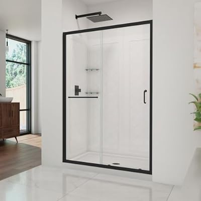 DreamLine Infinity-Z 36 in. D x 48 in. W x 76 3/4 in. H Clear Sliding Shower Door in Matte Black, Center Drain Base, Wall Kit