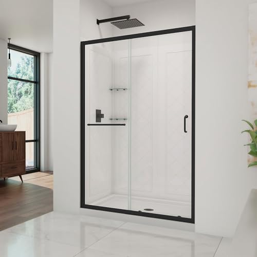 DreamLine Infinity-Z 36 inch D x 48 inch W x 76 3/4 inch H Semi-Frameless Sliding Shower Door in Matte Black, Shower Base, and Wall Kit in White