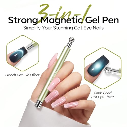 Image of modelones Cat Eye Magnet for Nails, 3-in-1 Green Cateye Gel Polish Magnet Pen & Heart-Shaped Magnet for Nail Art & Ball &Hole &Lightning Magnet, Multi-Effect Magnets for Nail Art Lovers DIY Salon