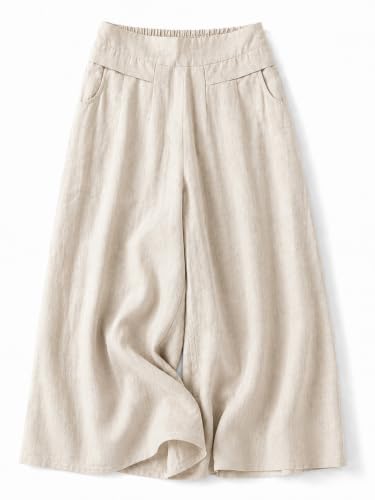 Image of Womanista Women's Relaxed Fit Pure Cotton Linen Flared Palazzo Pants for Woman | Wide Leg Casual Trouser with Pockets | Plazo pants for Women | High Waist Office & Travel Wear (Available in plus size)