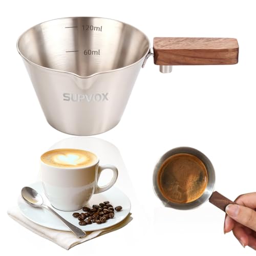 Image of Supvox 120ml Espresso Coffee Cup Brushed Stainless Steel Measuring Cup with Wooden Handle Easy Pouring V-Nozzle Design Kitchen Measuring Small Oil Pot