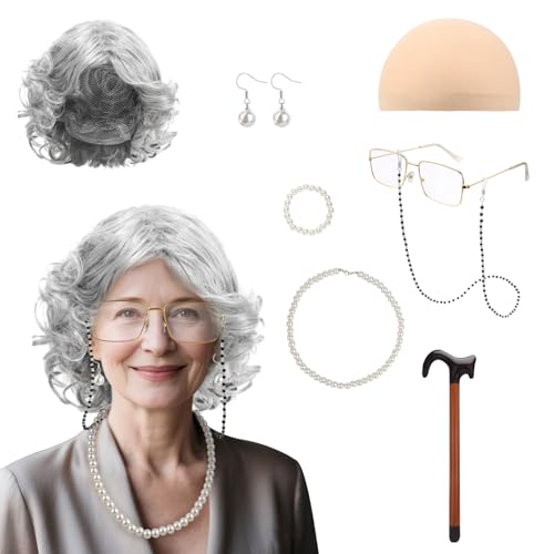 UTOCLEC Déguisement pour Vieille Femme, 9 Pièces Deguisement Grand Mere avec Perruque, Lunettes, Bijoux en Perles et Béquilles Gonflables, Déguisement Vieille Dame pour Halloween, Cosplay, Carnaval